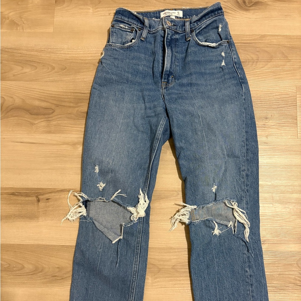 Abercrombie & Fitch Curve Love Ripped Blue Straight Leg Jeans